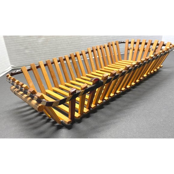 Vintage Wood Slat Bread Basket Rectangular Fruit Tray Fruit Storage 14 Inch - Picture 9 of 11